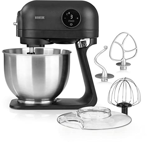 N8WERK Küchenmaschine in der Midnight Edition | Schneebesen, Knethaken und Rührhaken | Spritzschutz mit Einfüllöffnung | 5 L Edelstahlschüssel | 6 Geschwindigkeitsstufen| 1200 Watt | digitales Display
