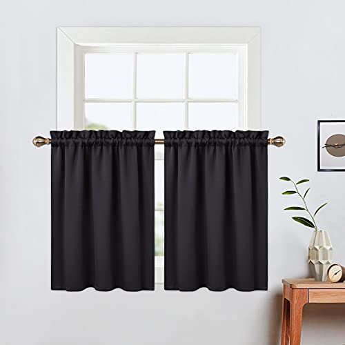 LinTimes Verdunkelungsvorhänge,Moderne halbe Caféküchen Fenstervorhänge für das Badezimmer Kurze Jalousien für kleine Fenster,66cmx61cm(26x24 inch),2 er Set Schwarz