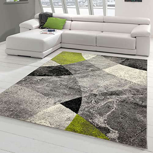 Moderner Wohnzimmer Teppich abstraktes Wellen Rauten Design marmoriert in grün grau - pflegeleicht Größe 140x200 cm