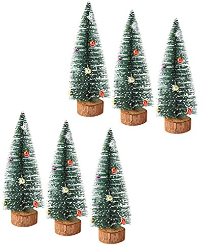 KHBNHJ Mini-Weihnachtsbäume aus Sisal, Schnee, Frost, 20 cm, mit Holzsockel und Kugel, kleine Tisch-Weihnachtsbäume für Feiertagsdekoration, 6 Stück