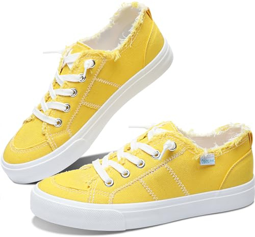 Obtaom Women's Play Fashion Sneaker Comfortable Canvas Slip on Shoes Washed Canvas Flats（Lemon Yellow US9）