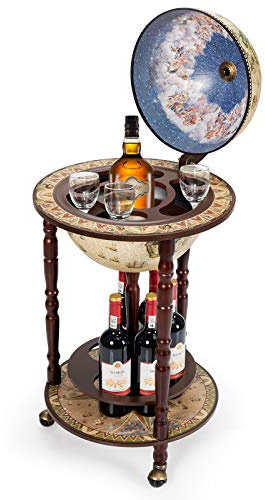 COSTWAY Globus Bar Holz, Globusbar auf Rollen, Barwagen, Hausbar, Weinregal 45 x 45 x 88cm, Beige