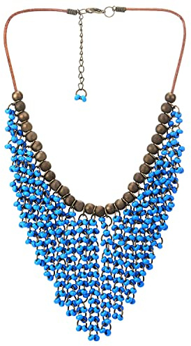 COOLSTEELANDBEYOND Bleu Bois Perle Gland Statement Bavoir Choker Collier Multi Couches Pendentif avec Laiton Vieilli Perle Robe de Soirée