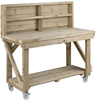 Workbench With Wheels and Back Panel Indoor/Outdoor - Pressure Treated - Heavy Duty - Handmade Garage Workshop Work Table (5ft)