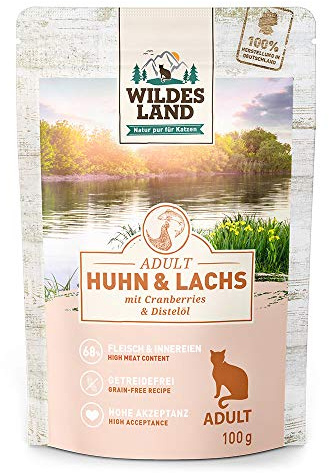 Wildes Land Nassfutter für Katzen, Huhn und Lachs, 12 x 100 g