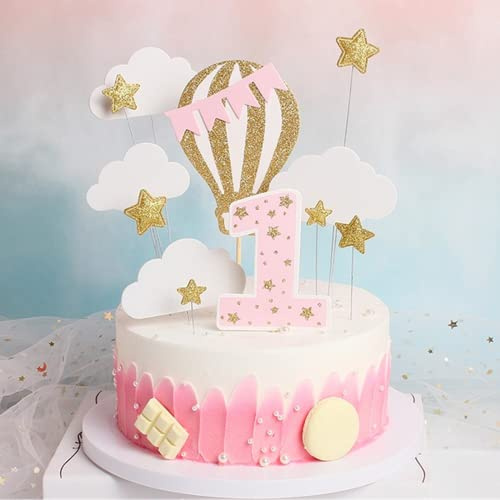 12 Stück Heißluftballon-Kuchendekoration mit weißen Wolken, kleinen Sternen für Jungen zum ersten Geburtstag, Party-Dekorationen (Rosa)
