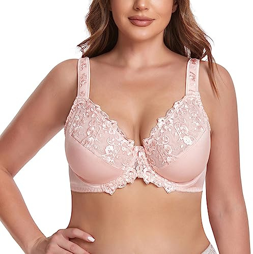 TELIMUSSTO Women's Full Coverage Floral Lace Underwired Bra Plus Size Non Padded Comfort Bra 42I Pink