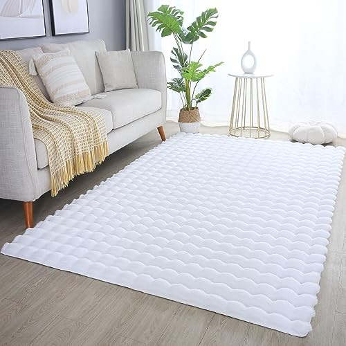 Carpetsale24 Teppich Läufer 80x150 cm Weiss, Flauschiger Kunstfell Teppich in Felloptik mit Hoch-Tief Struktur & Bubble-Design, Super Weich, Plüschig für Wohnzimmer & Schlafzimmer