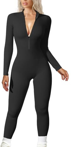 JN JANPRINT Damen Yoga Jumpsuit Eng Lang Sport Overall Langarm Playsuit V-Ausschnitt Reißverschluss Bodycon Strampler Trainingsanzug Slim Einteiler Jogginganzug Club Outfit(Schwarz,L)