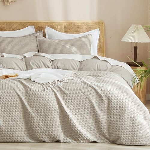 PHF Waffle Weave Duvet Cover Set King Size, No Snagging Ultra Soft Luxury Textured Breathable Comforter Cover for All Season 3pcs, Durable Bedding Duvet Set with 2 Pillow Shams, 104x90, Linen