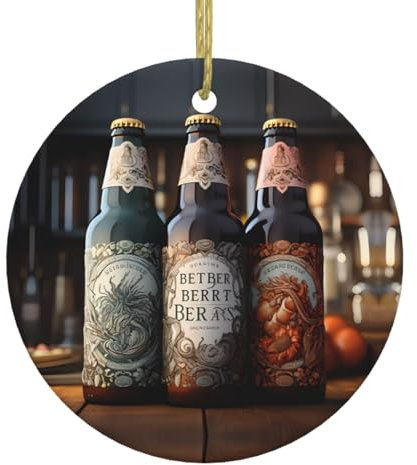 TRUKD 3 Bierflaschen, runder Keramik-Weihnachtsbaum zum Aufhängen, festliche Dekoration für Urlaub, Heimdekoration und einzigartige Geschenke.