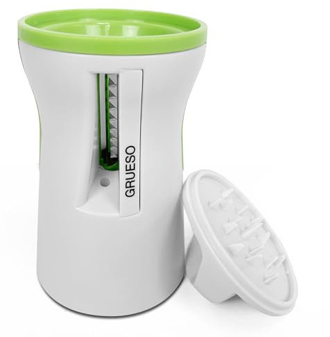 TIENDA EURASIA – Cortador de Verduras en Tiras, Manual, 7x14 cm, 2 Tipos de Espaguetis, 3 Medidas de Cortes, Fino 3mm, Grueso 5mm y Cintas, Blanco y Verde, Plástico y Acero inoxidable