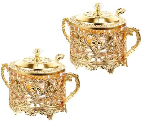 Alipis Sucrier 2 Pièces Sucrier Turc Avec Couvercle Et Cuillère Pot À Condiments En Relief Récipients À Sucre En Métal Pour Cuisine Café Bar Doré