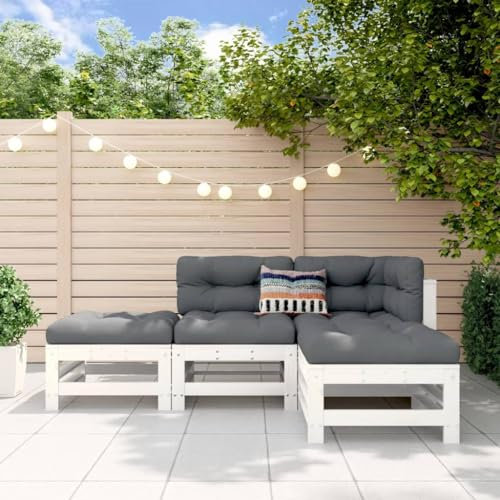 ULUYYUC 4-TLG. Garten-Lounge-Set, Ecksofa Fußhocker Eckbankgruppe Gartenmöbel Set Geeignet für Balkon Garten Außenbereich Hinterhof Weiß Massivholz Kiefer