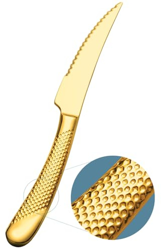 Xideman® Innovativ ultraskarp 2-i-1 räfflad smidd kniv för middag och biff. 6 delar set med högkolhaltigt rostfritt stål biffkniv, 23 cm hamrade solida handtag middagsknivar. (Guld)