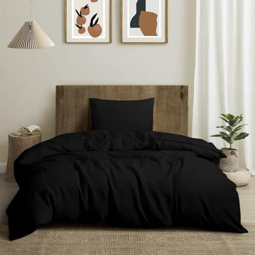 CHUFFED Ropa de cama de lino de 135 x 200 cm, 2 piezas, 100% lino natural, 1 funda nórdica de 135 x 200 cm y 1 funda de almohada de 80 x 80 cm con cremallera, suave y transpirable, color negro
