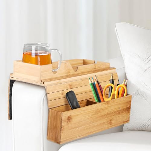 HOUSINN Sofatablett Armlehne Natürlicher Bambus, Anti-Rutsch Couch Tablett Abnehmbar, Flexibles Sofa Armlehnenablage, Armlehnen Tablett Tragbarer für Sofa Armlehne Snacks Handy Getränke Tasse