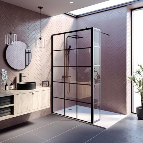 BAYSTONE® 1200mm Wet Room Shower Screen Panel Grid 8mm Toughened Safety Glass Walk in Shower Enclosure + Fixed Return Panel, Matt Black