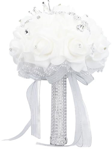 CDQL Hochzeitsstrauß mit Krone, 10,6 Zoll, PU, ​​Spitze, Satin, Brautbrautjungfer, Künstliche Blume, Blumenstrauß für Hochzeit, Partyzubehör (Silber)