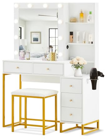 LEMROE White Dressing Table Set with Hollywood Lights, 5 Drawers Vanity Table with Charging Station and Storage Shelves Makeup Desk with Mirror and Stools for Bedroom