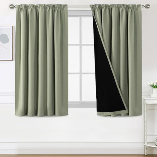 BellaHills 100% Blickdicht Vorhang mit Kräuselband 2er Set H145 x B140 cm Schlafzimmer Gardinen Blickdicht Verdunklungsvorhänge Thermal Curtains Blackout Vorhang, Salbei Hell