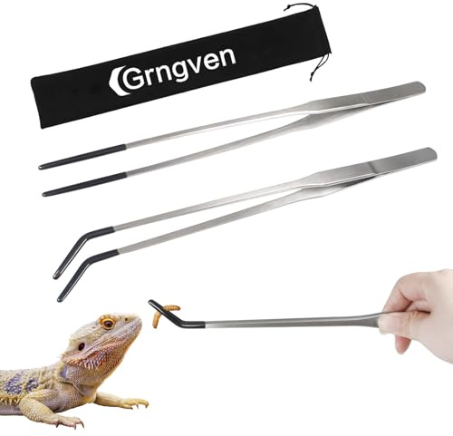 2PCS Stainless Steel Reptile Feeding Tongs with Rubber Tip, 10.6 Straight and Curved Long Tweezers Terrarium Aquascape Tools Feeder for Lizards, Bearded Dragon Snake Enclosure Tank Accessories