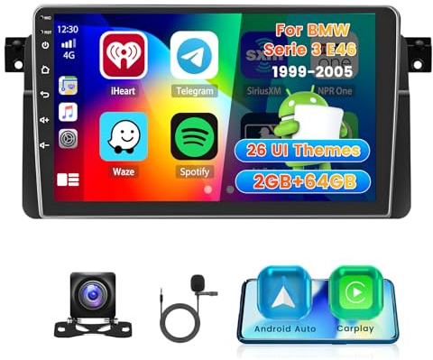 Roinvou 2+64G Android-bilradio för BMW 3-serie E46 1998-2006 med trådlös CarPlay Android Auto, 9-tums 2 DIN-radio med MirrorLink, Wi-Fi, GPS, Bluetooth, EQ, FM/RDS, SWC och backkamera