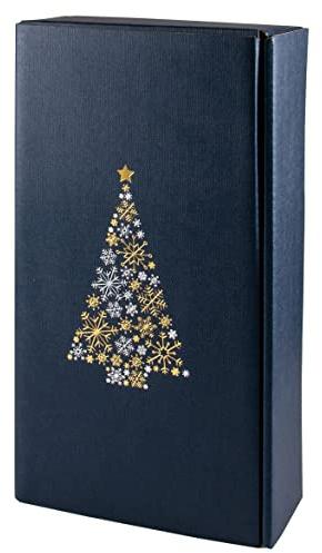 5x Wein Geschenkkarton Weihnachten, für 2 Flaschen, Blau & Gold, hochwertige Leinenoberfläche, Weihnachtsbaummotiv