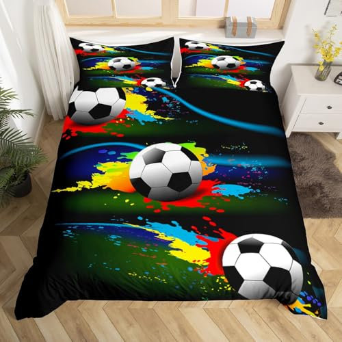 Loussiesd Juego de ropa de cama con temática deportiva para niños y adolescentes, funda de edredón con diseño de balón de fútbol, juego de competición, decoración de habitación, colorido, 2 piezas con