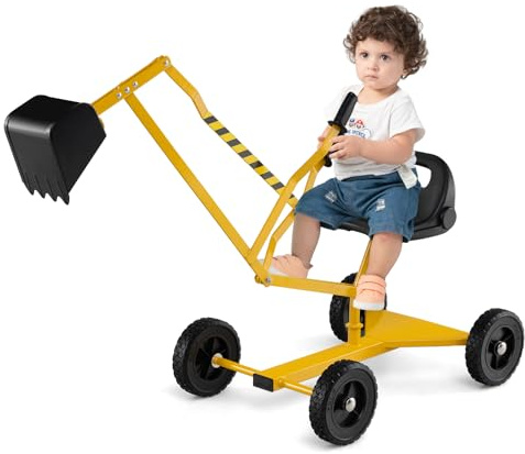 COSTWAY Ruspa Giocattolo per Bambini, Escavatore Cavalcabile con Controlli a 2 Mani Pala Flessibile, Sedile Rotabile a 360°, 4 Ruote, Ideale per Bambini 3 Anni+
