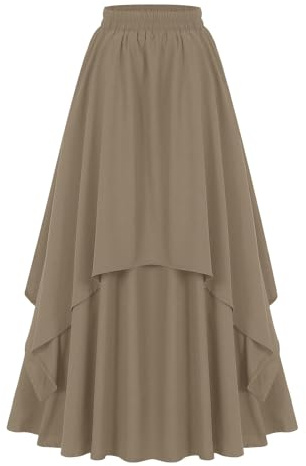 Gonna medievale da donna, lunga, gotica, a doppio strato, per costume tradizionale rinascimentale, in vita elasticizzata, vintage, stile vittoriano, elegante, linea ad A, per Halloween, marrone, M