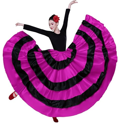 Backgarden Womens 20 Yard Black Red Layered Long Skirt for Flamenco Belly Dance Spanish Bull Performance Costume (US, Alpha, Large, XX-Large, Regular, Regular, Rose)