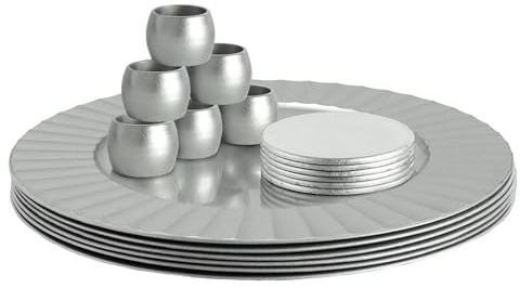 Argon Tableware Assiettes de Présentation Rondes avec Sous-verres & Ronds de Serviette - 33cm - Flûte d'Argent - 18pc Réutilisable Dur Plastique Mise en Place de la Table du Dîner Mariage Fête