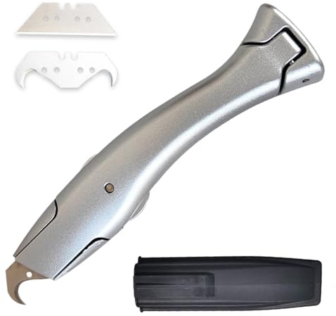 Präzisions Teppichmesser, Silbernes Aluminium Cuttermesser, Hakenmesser mit Trapezförmiger Klinge & Großer Hakenklinge, Ideal für Dachdecker, Zimmerer, Spengler, Teppich & Bodenleger