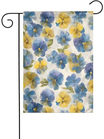 Gartenflagge mit Aquarell-Stiefmütterchen in weichem Blau-Gelb, 30 x 45 cm, vertikal, doppelseitig, Bauernhaus, Urlaub, Außendekoration, Hofflagge
