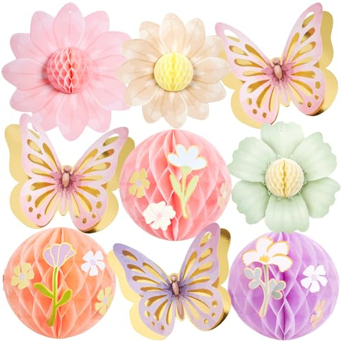 EASY JOY 9 Pcs Pastel Paper Flowers Butterfly & Flower Honeycomb Decor | Large Hanging Flowers Honeycomb Balls Summer Garden Party Decorations for Wedding Baby Shower Birthday Party Decorations