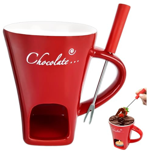 Schokofondue Tasse, 200 ml Keramik Schokoladen Fondue Becher mit Gabel Schokoladenfondue Tasse Schokoladenschmelztopf für Käse Schokolade Butter Karamell (Ohne Kerzen)