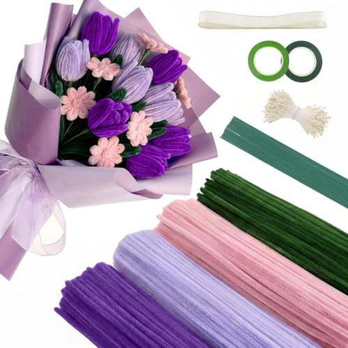 Oinstort Pfeifenreiniger Blumen Bastelset, 400 Stück Pfeifenputzer zum Basteln, Geschenkband und Klebeband – Ideal für DIY-Projekte wie Trockenblumen, Diamond Painting und Blumendeko (Lila)