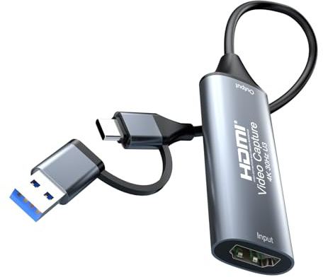 Tarjeta de Captura HDMI 4K a 30 Hz, Tarjeta de Captura de vídeo 1080p | Interfaces USB 3.0 y Tipo-C, compatibles con la transmisión en directo desde PS5, Xbox, Switch y cámaras DSLR.