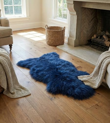 Generisch Lammfell Schaffell Teppich, Marineblau, 120 x 70 cm, XL | Gefärbt, Langwollig, Läufer, Auflage