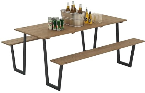 Outsunny Ensemble Table et bancs en Bois de Brasserie, Table de Pique-Nique en Bois avec Banc pour 6 à 8 Personnes, Cadre en Acier, Trou Parasol 5 cm, 175 cm, Marron