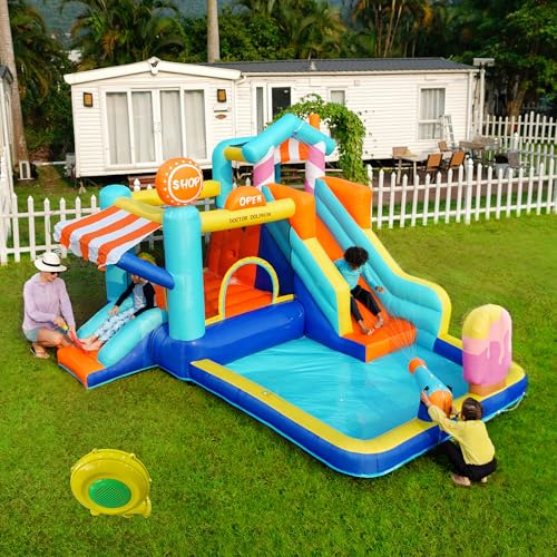 Castello Gonfiabile per Bambini 3 ai 10 anni, Parco Acquatico Multifunzione con Trampolino, Scivolo, Fontana, Tenda da Sole e Pistola ad Acqua - Include soffiatore da 450W, Gonfiabili: 395 x 340 x236