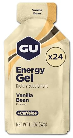 GU Original Energy Gels, Vanilla Bean 24 Pack - 100 Calorie Energy Gel with Carbohydrates, Caffeine, BCAAs and Electrolytes - Pre-Workout Fuel for Running, Cycling, Triathlon and Endurance Sports