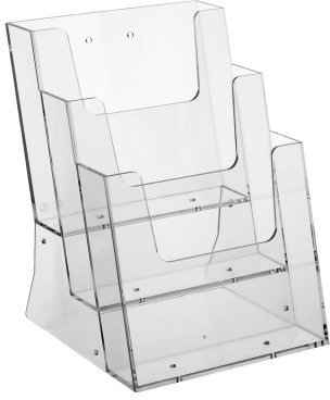 Prospekthalter DIN A5 mit 3 Etagen für Prospekte im Hochformat transparent | Innenbreite 15,5cm pro Fach / Stufe, durchsichtiges Polystyrol, glasklar, als Tischaufsteller