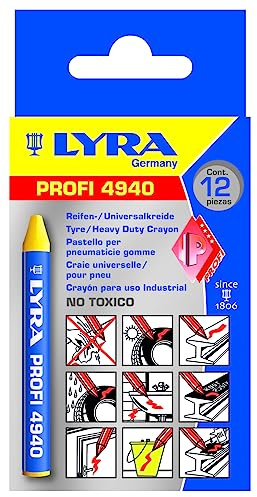 L4940007, LYRA 4940 Reifen-/Universalkreide MARK-ALL für professionelle, wetterfeste Markierungen auf vielen Untergründen, Box mit 12 gelben Kreiden | rund, 9,5 x 90mm, Wachskreide, Papierummantelung