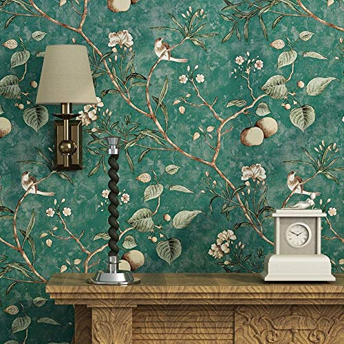 ZZALL Blooming Wall Papier peint vintage pour salon, chambre à coucher, cuisine, 1,5 m², vert émeraude