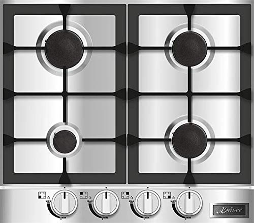Kaiser KG 6357 Gas Kochfeld 60cm Edelstahl, Autark,Gaskochfeld, Gaskochfeld Einbau, Gasherd Einbau,3,8 kW Wok mit Adapter,4 flammig,Erdgas,Fl.Gas,Bedienblende aus Edelstahl