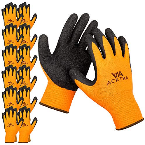 ACKTRA WG008 - Guantes de trabajo (12 pares de guantes de trabajo de nailon recubierto, puños de punto versátiles, para hombres y mujeres, de poliéster naranja, látex negro, talla XS