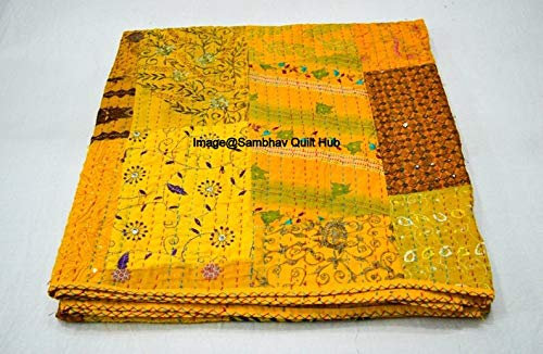 Dejar de fumar hecho a mano Vintage Khambadiya Print Jari Patchwork doble tamaño bordado Kantha colcha decorativa para el hogar Khambadiya Kantha Colcha Kantha colcha india manta (amarillo 1)