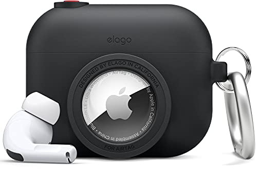 elago Snapshot-Hülle für AirPods Pro/AirTag | Ortungsgerät nicht enthalten, Karabiner inklusive (Schwarz)